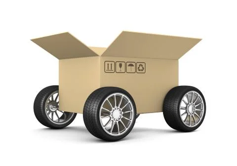 Open Cardboard Box on Wheels on White Background 3D Illustration, Shipment Co イラスト素材