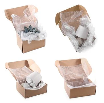 Open cardboard boxes with bubble wrap and items on white background, collage Foto stock