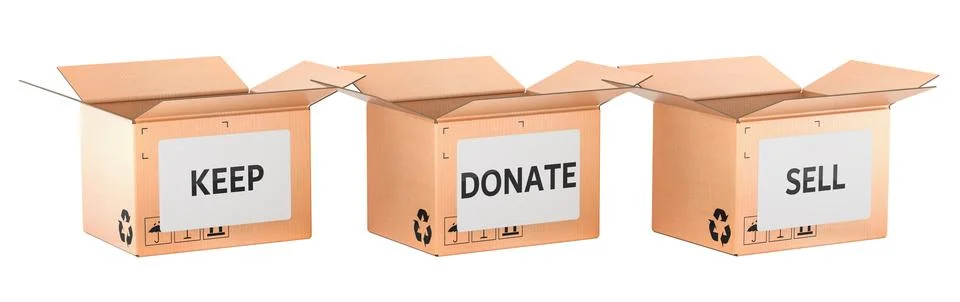 Open cardboard boxes labeled keep, donate and sell for decluttering, moving.. Stock Illustration