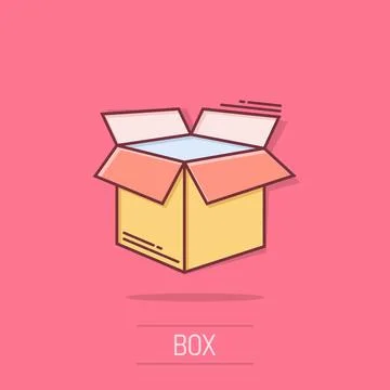 Open cardboard icon in comic style. Shipping box cartoon vector illustratio.. Illustrazione stock