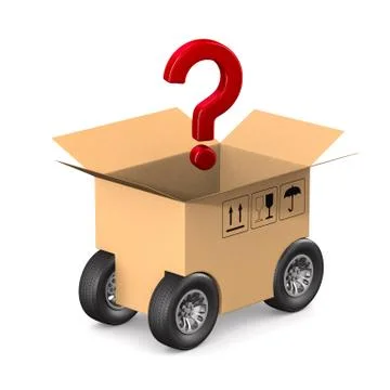 Open cargo box and question with wheel on white background. Isolated 3D illus Stock Illustration