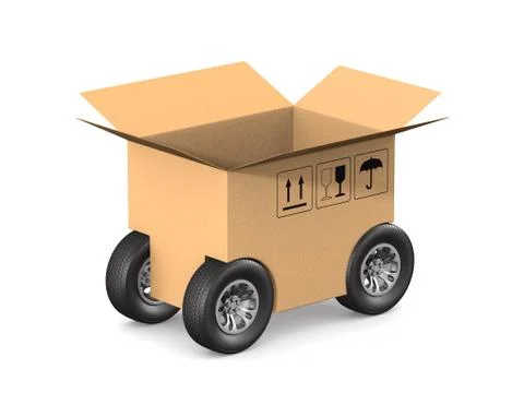 Open cargo box with wheel on white background. Isolated 3D illustration Illustrazione stock
