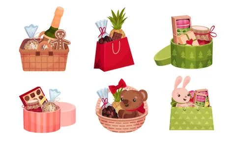 Open Carton Gift Box Full with Tasty Presents and Holiday Treats Vector Set Illustrazione stock