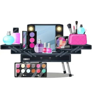 Open case with cosmetics isolated on white background. Vector cartoon close-up Stock Illustration