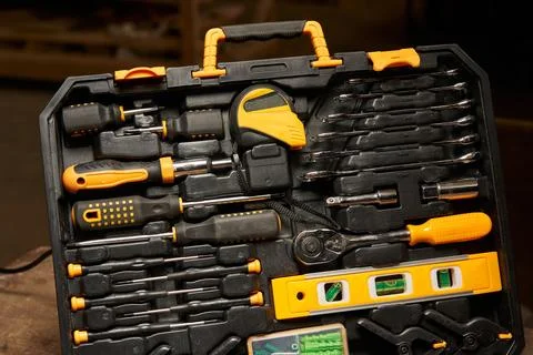 Open case with locksmith tools. inside open-end wrenches, a set of screwdrivers Stock Photos