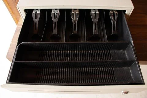 Open cash drawer empty, storage space, cash Stock Photos