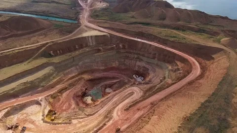 Open-cast. Operating mine. Excavators. Trucks. Panorama Stock Footage 74375073
