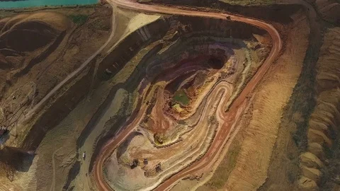 Open-cast. Operating mine. Excavators. Trucks. Panorama Stock Footage 74379209