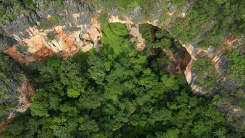 Open cave in lush foret. Terra Ronca National Park in Goias, Brazil. Aerial View Stock Footage 272610765