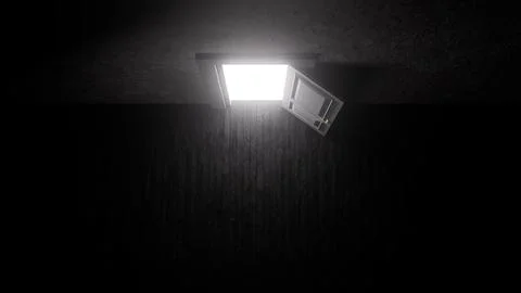 Open ceiling door illuminating dark room with wooden floor Stock Illustration