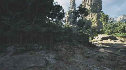 Open chasm with towering spires and textured ground captured Stock Footage 331521064