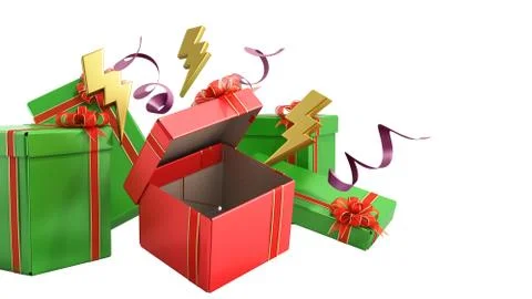 Open christmas gift boxes and accessories background 3d render on white Stock Illustration