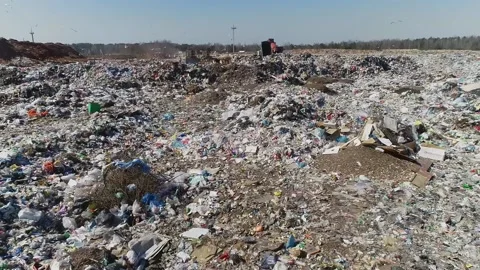 Open city garbage dump. Birds are flying, a bulldozer is leveling piles of waste Video stock 150018271