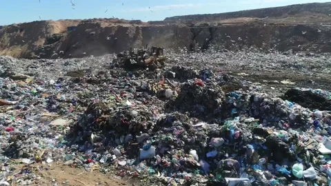 Open city garbage dump. Birds are flying, a bulldozer is leveling piles of waste Stock Footage 150018544