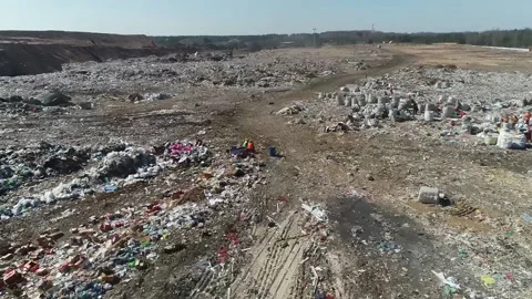 Open city garbage dump, general plan, top view, camera movement. Birds fly,  Stock Footage 150017901