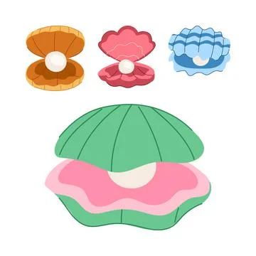 Open clam shells holding shiny pearls Illustrazione stock