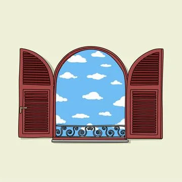 An open classic brown wooden window with a blue sky view and yellow wall Stock Illustration