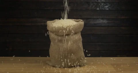 Open classic burlap sack, filled with falling rice grains. Seed in sack on Stock Footage 146738109