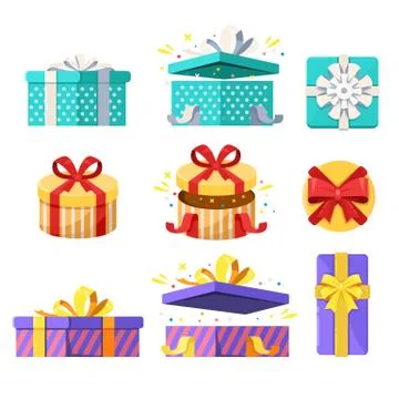 Open, close and top view gift boxes. Vector flat icons set. Present and surpr Stock Illustration
