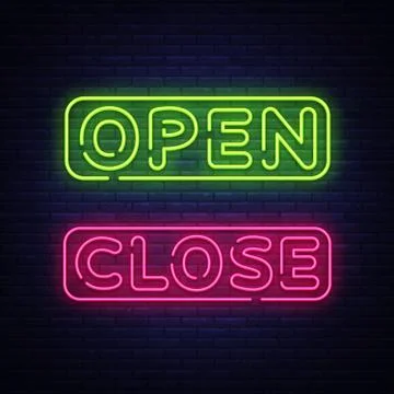 Open Close Neon Text Vector. Open Close neon signboard, design template, modern Stock Illustration