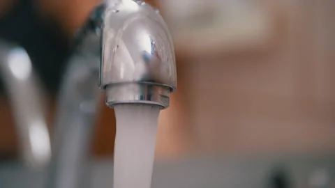 Open, Close Water Tap. Strong Water Jet Pressure. Stream Quickly Drains in Sink Stock-Footage 145262183