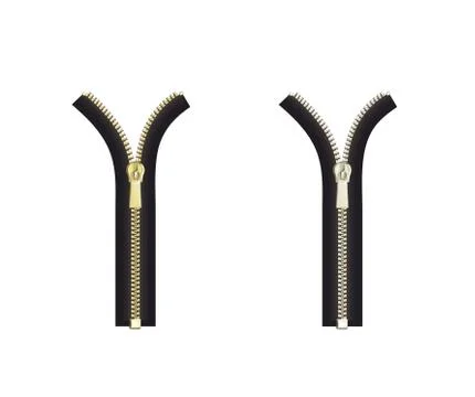 Open close zip. Realistic zipper fastener vector. Metallic gold silver black Stock Illustration