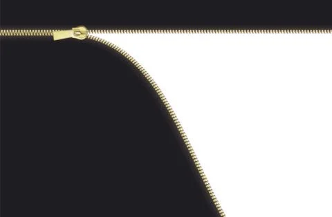 Open close zip. Realistic zipper fastener reveal vector. Metallic gold elegant Stock Illustration