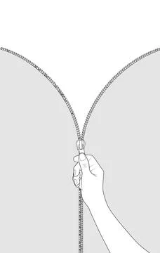 Open close zip. Realistic zipper fastener reveal vector. Hand opening zip locker Stock Illustration