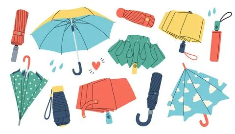 Open, closed and folded umbrellas set. Rain protecting accessories with handles Stock Illustration