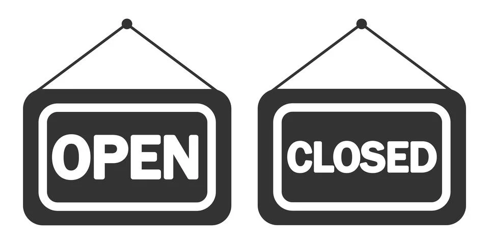 Open, closed black banner icon.  Hanging nameplate symbol. Signboard vector. Stock Illustration