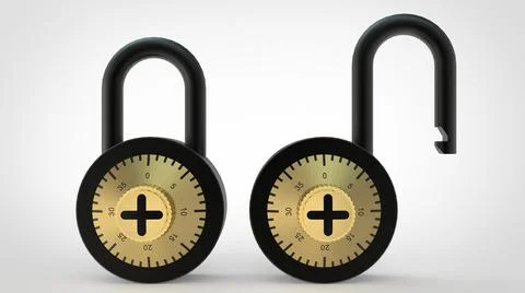 Open closed black padlock with figures on white background 3d rendering image Stock Illustration