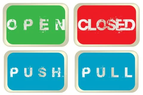 Open, closed, pull and push colored signs isolated over white background Illustrazione stock