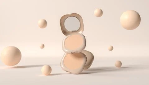 Open compact powder case with mirror, beige makeup, surrounded by floating sp Illustrazione stock