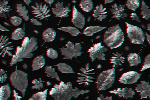 Open composition of tree leaves with 3d effect on black background Foto stock