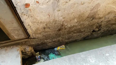 Open concrete drain filled with polluted water and plastic waste along road at Stock Footage 345626980