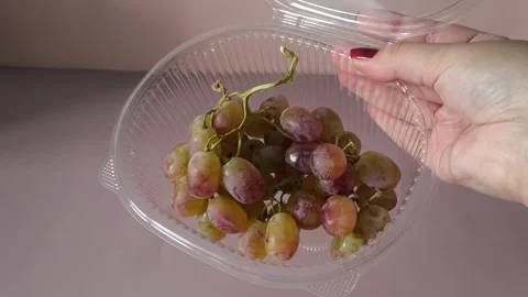 Open container of Taifi grapes in a womans hand close-up. Storing berries Stock Footage 324770041