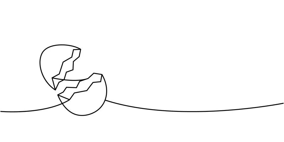 Open cracked eggshell one line continuous drawing. Organic farm product. Vector Stock Illustration