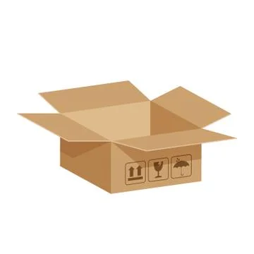 Open crate boxes 3d, cardboard box brown, flat style cardboard parcel boxes,  Illustrazione stock