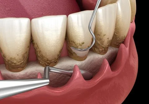 Open curettage: Scaling and root planing (conventional periodontal therapy). Stock Illustration