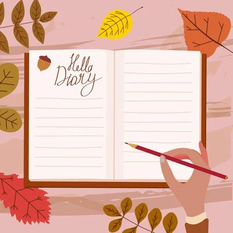 Open Daily Diary notepad, hand of a girl with a pencil, list schedule, goals, to Stock Illustration