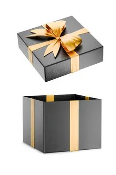 Open dark gift box with gold ribbon symbolizing luxury and celebration. Ope.. Illustrazione stock