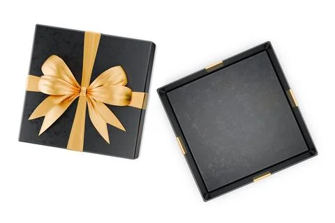 Open dark gift box with gold ribbons. Christmas gift. Sale. Open dark gift .. Illustrazione stock