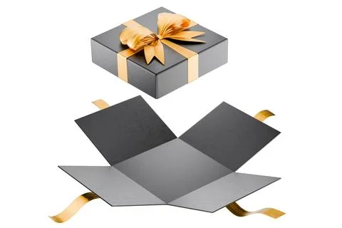 Open dark gift box with gold ribbon symbolizing luxury and celebration. Tra.. Illustrazione stock