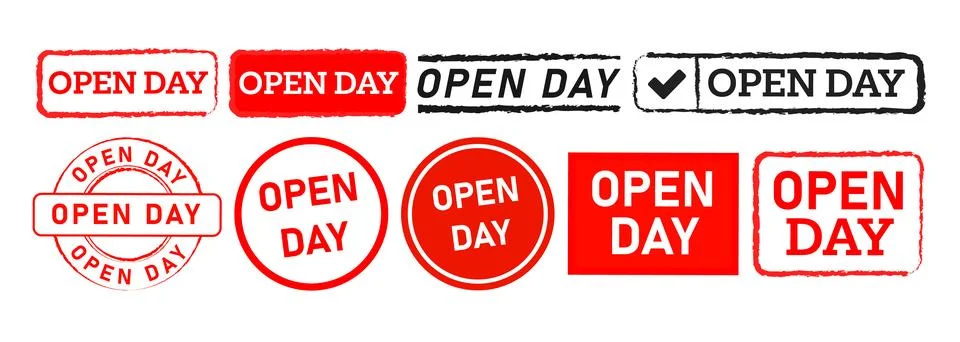 Open day rectangle and circle stamp label sticker sign for business Stock Illustration