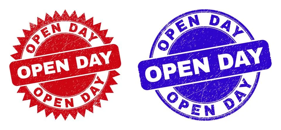 OPEN DAY Round and Rosette Seals with Grunge Texture Stock Illustration