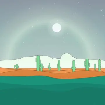 Open desert composition with cactus tree silhouettes, desert floor, and desert m Stock Illustration