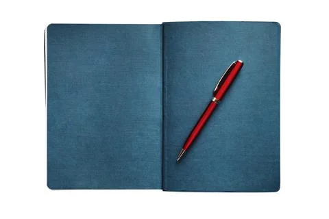 Open diary and metallic red ballpoint pen isolated on white background Stock Photos