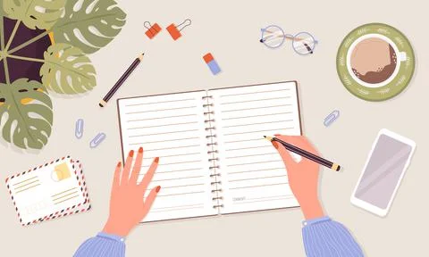 Open diary, planner or notebook concept. Woman write journal. Top view workplace Stock Illustration