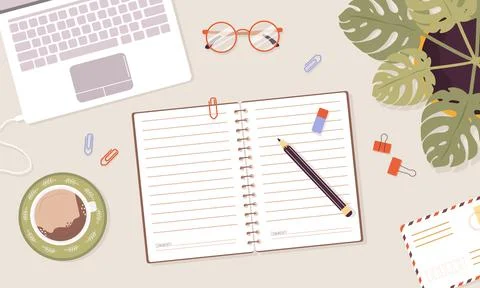 Open diary, planner or notebook concept. Top view workplace with lists Stock Illustration