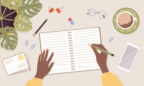 Open diary, planner or notebook concept. African woman write journal. Top view Stock Illustration